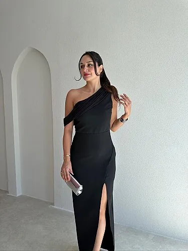 ARLEW Düşük Omuzlu Maxi Elbise 4126 - Siyah - 2