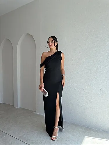 ARLEW Düşük Omuzlu Maxi Elbise 4126 - Siyah - Mooi Butik