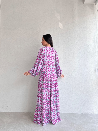 Asanoha Desenli Midi RUBY Elbise 4646 - Fuşya - 3
