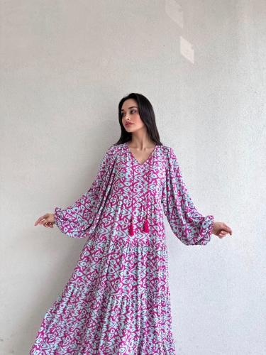 Asanoha Desenli Midi RUBY Elbise 4646 - Fuşya