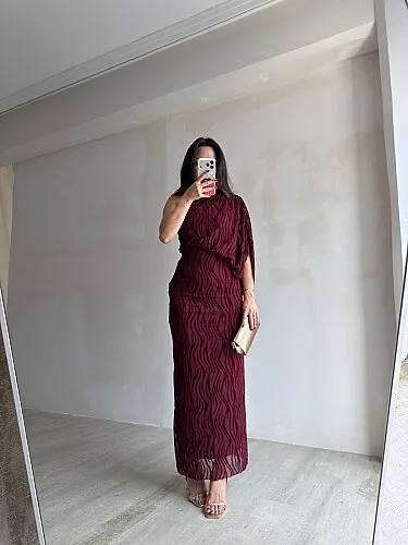 ATİNA Simli Tek Omuz Maxi Elbise 4026 - Bordo - 3