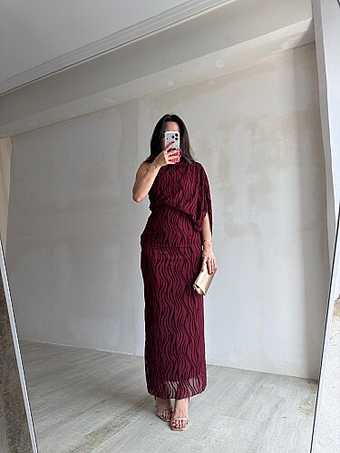 ATİNA Simli Tek Omuz Maxi Elbise 4026 - Bordo - 3