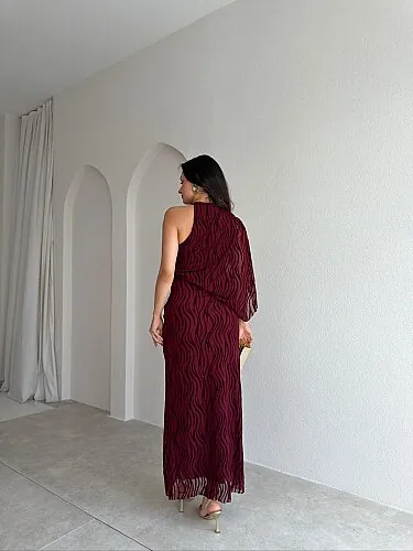 ATİNA Simli Tek Omuz Maxi Elbise 4026 - Bordo - 4