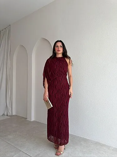 ATİNA Simli Tek Omuz Maxi Elbise 4026 - Bordo - Mooi Butik