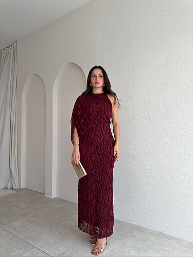 ATİNA Simli Tek Omuz Maxi Elbise 4026 - Bordo - 1