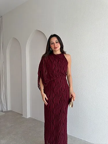 ATİNA Simli Tek Omuz Maxi Elbise 4026 - Bordo - 2