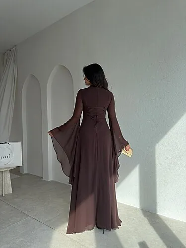 AURORA Şifon Maxi Elbise 4386 - Acı Kahve - 3