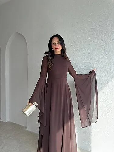 AURORA Şifon Maxi Elbise 4386 - Acı Kahve - 2