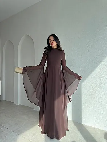 AURORA Şifon Maxi Elbise 4386 - Acı Kahve - Mooi Butik