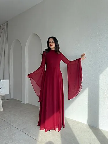 AURORA Şifon Maxi Elbise 4386 - Bordo - Mooi Butik