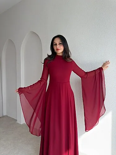 AURORA Şifon Maxi Elbise 4386 - Bordo - 2