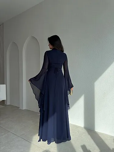 AURORA Şifon Maxi Elbise 4386 - Lacivert - 3