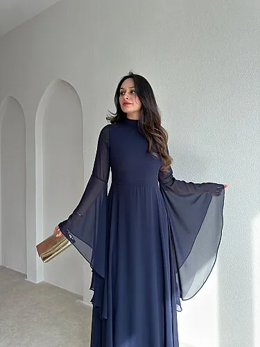 AURORA Şifon Maxi Elbise 4386 - Lacivert - 2