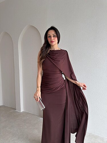 AYRİS Tek Omuz Maxi Elbise 5458 - Acı Kahve - 2