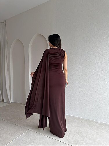 AYRİS Tek Omuz Maxi Elbise 5458 - Acı Kahve - 3