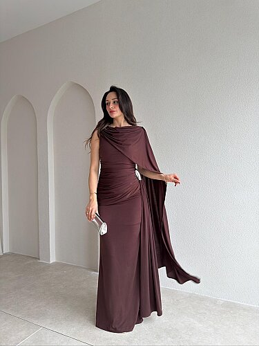 AYRİS Tek Omuz Maxi Elbise 5458 - Acı Kahve 