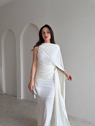  AYRİS Tek Omuz Maxi Elbise 5458 - Beyaz - 2