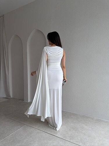  AYRİS Tek Omuz Maxi Elbise 5458 - Beyaz - 3