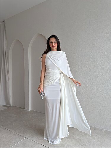  AYRİS Tek Omuz Maxi Elbise 5458 - Beyaz - 1