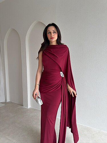  AYRİS Tek Omuz Maxi Elbise 5458 - Bordo - 2