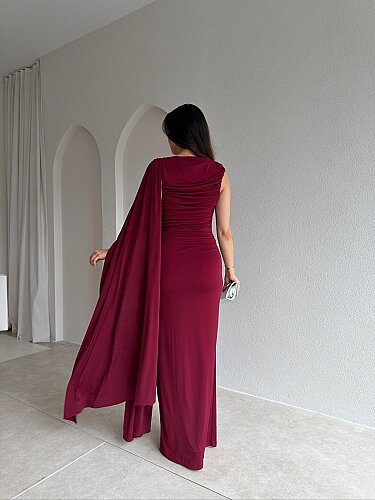  AYRİS Tek Omuz Maxi Elbise 5458 - Bordo - 3