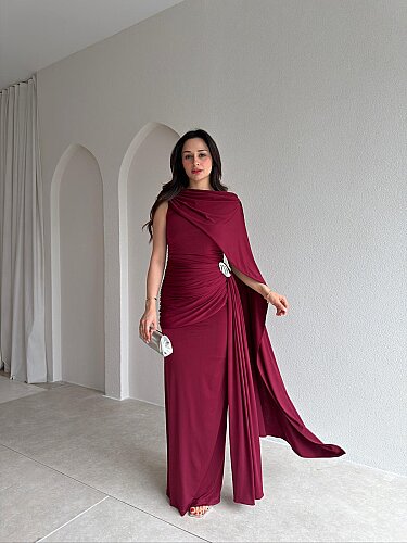  AYRİS Tek Omuz Maxi Elbise 5458 - Bordo - 1