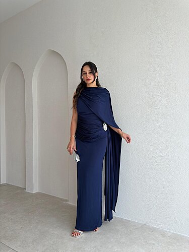 AYRİS Tek Omuz Maxi Elbise 5458 - Lacivert - 1