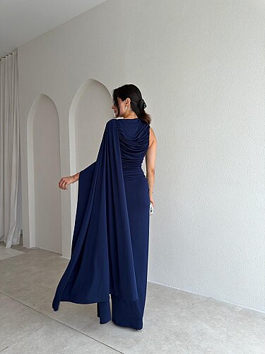 AYRİS Tek Omuz Maxi Elbise 5458 - Lacivert - 3