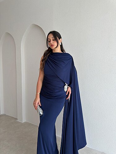 AYRİS Tek Omuz Maxi Elbise 5458 - Lacivert - 2