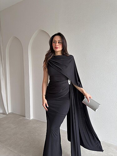 AYRİS Tek Omuz Maxi Elbise 5458 - Siyah - 2