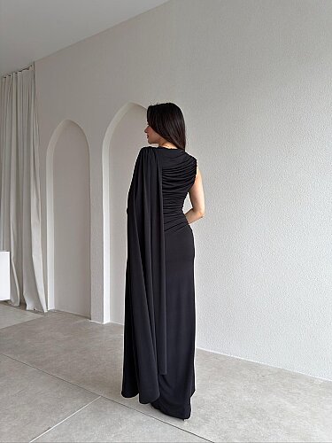 AYRİS Tek Omuz Maxi Elbise 5458 - Siyah - 3