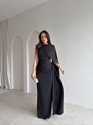 AYRİS Tek Omuz Maxi Elbise 5458 - Siyah - 1