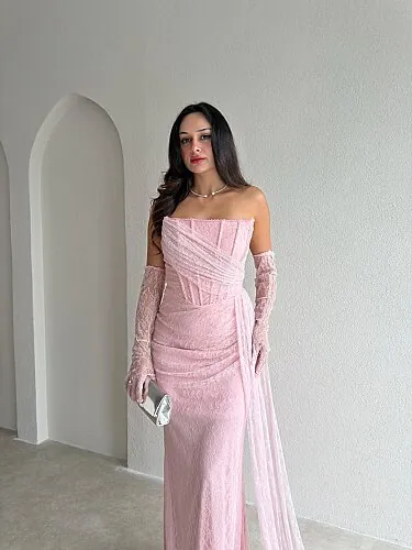 BABLY Eldivenli Maxi Elbise 4319 - Pembe - 2