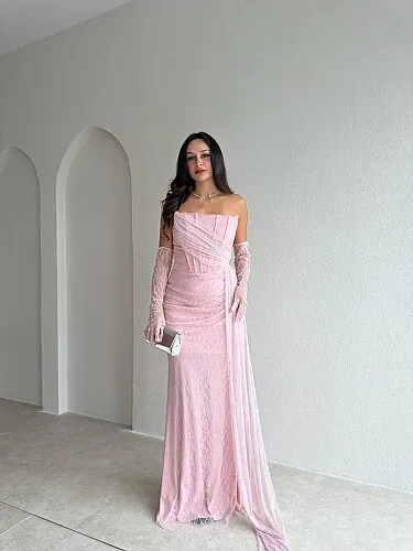 BABLY Eldivenli Maxi Elbise 4319 - Pembe - 1
