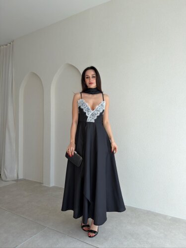BAROK Dantel Detaylı Maxi Elbise 9035 - Siyah 