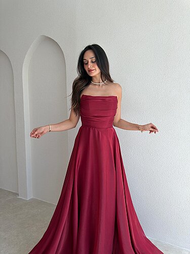 BENJA Straplez Maxi Elbise 4011 - Bordo - 2