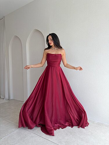 BENJA Straplez Maxi Elbise 4011 - Bordo - Mooi Butik