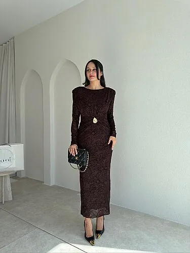BİNFORD Simli Midi Elbise 4359 - Acı Kahve - Mooi Butik