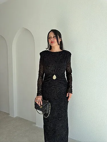 BİNFORD Simli Midi Elbise 4359 - Siyah - 2