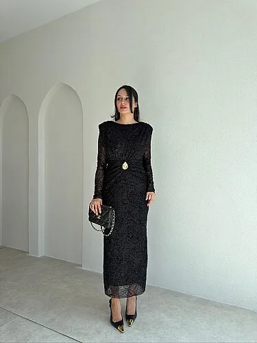 BİNFORD Simli Midi Elbise 4359 - Siyah - Mooi Butik