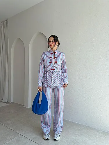BLUMA Çizgili Takım 5697 - Mavi - Mooi Butik