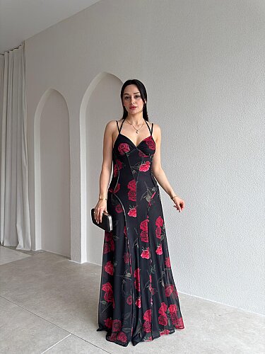 BONJOUR Gül Desenli Maxi Elbise 5508 - Siyah - Mooi Butik