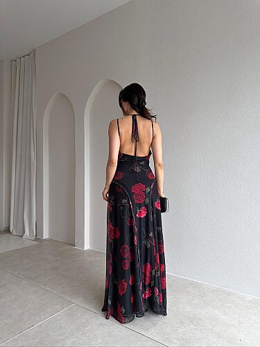 BONJOUR Gül Desenli Maxi Elbise 5508 - Siyah - 3