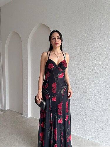 BONJOUR Gül Desenli Maxi Elbise 5508 - Siyah - 2