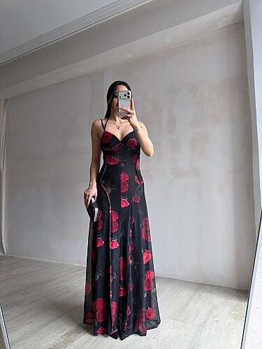 BONJOUR Gül Desenli Maxi Elbise 5508 - Siyah - 4