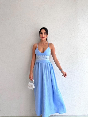 Çapraz Dekolteli Midi BENİTO Elbise 5309 - Mavi · 5