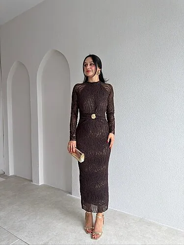 CAPRİO Simli Midi Elbise 4127 - Acı Kahve 