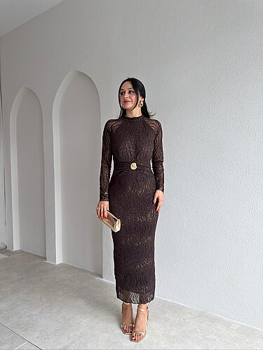 CAPRİO Simli Midi Elbise 4127 - Acı Kahve - 1