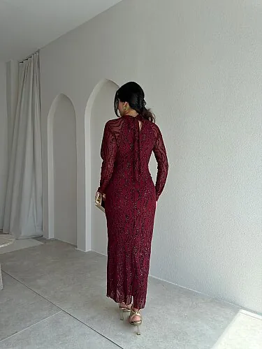  CAPRİO Simli Midi Elbise 4127 - Bordo - 3