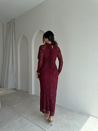  CAPRİO Simli Midi Elbise 4127 - Bordo - 3